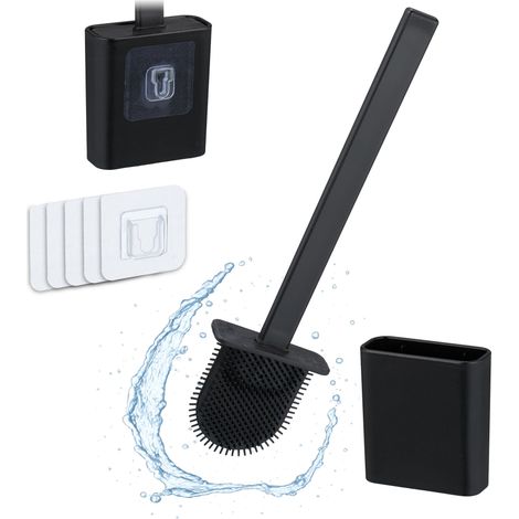 Relaxdays Scopino in Silicone per WC, Scovolino Parete Bagno, HLP: 35,5x9,5x4 cm, Spazzolone Water, Portascopino, Nero