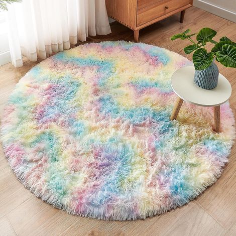 Teppich Rund Plüsch Kinder Mädchen Regenbogen 150 x 150 cm (1/5)