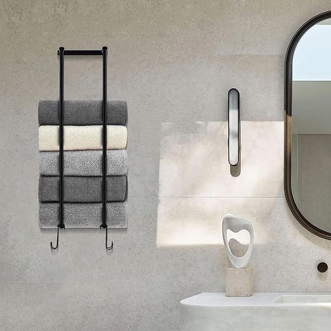 Porte-serviettes mural de salle de bain, 72 cm, avec 4 crochets pour serviettes roulées, noir, Lumten (1/5)