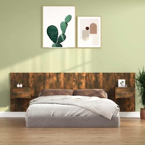 vidaXL Cabecero de cama y mesitas madera contrachapada roble ahumado (1/5)