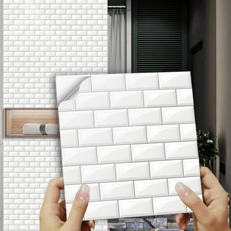 Sticker Carrelage - PVC Auto-adhésif Étanche - 15 x 15 cm - Blanc - Pour Cuisine Salle de Bains et Murs Intérieurs - 12 Pièces (1/3)