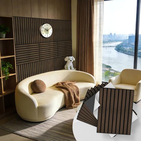 Panneaux Muraux à Lattes Bois Autocollants 30×40 cm – Panneaux Acoustiques Décoratifs en PVC Insonorisés pour Salon et Chambre, Mur d’Accent – Lot de 16 (1/5)