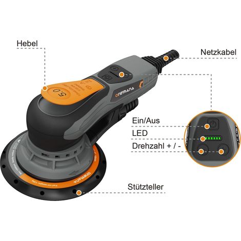 Exzenterschleifer 150 mm, Bürstenloser Exzenterschleifer mit 5,0 mm Exzenterhub, 350W Schleifmaschine mit 6 Drehzahlstufen 4000-10000 U/min, mit inkl. 12 Schleifblätter,Orbital Sander (1/5)
