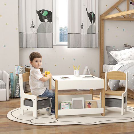 Ensemble 3 pièces table et 2 chaises pour enfant avec plateau réversible tableau panier de rangement étagères DaGou - noir (1/4)