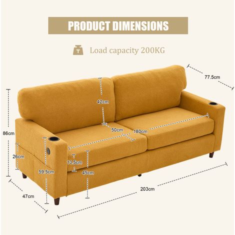 Sofá de 2 plazas 203x77,5x86 cm en chenilla mostaza con USB-C y LED para salón – MEUBLIV (1/5)