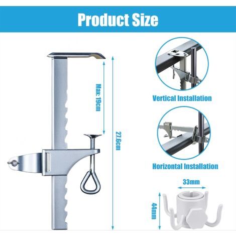 Support de parasol pour balcon, support de parasol en acier galvanisé avec pince extensible, support de parasol avec crochet de suspension, plage de serrage 0-20 cm, pour terrasses, parasols, clôtures (1/4)
