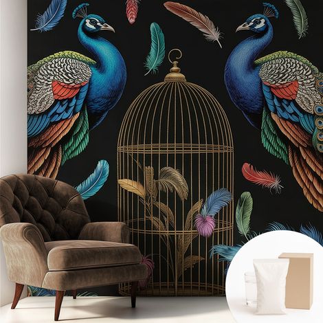 Papier peint intissé décoratif pour salon chambre et cuisine Facile à poser avec colle Paons exotiques 250x250 cm (1/5)