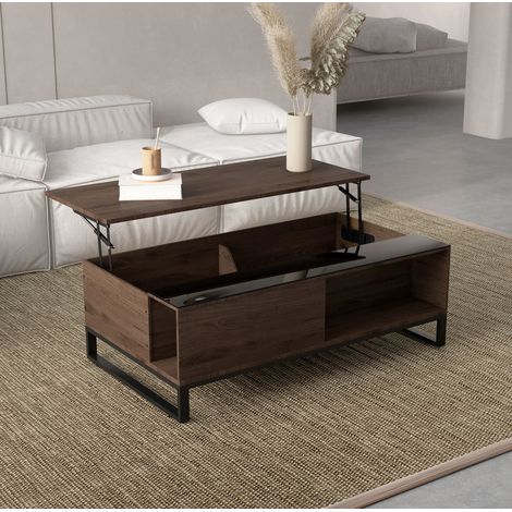 Tavolino da salotto 102x58x35.5 cm noce in compensato e acciaio con piano sollevabile e vano portaoggetti (1/5)
