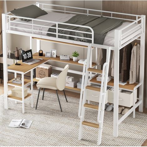 Lit mezzanine 90x200 cm avec bureau, étagère et 2 boîtes de rangement, en métal, blanc et naturel, sans matelas (1/5)