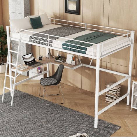 Letto a Soppalco 90x200 cm con Struttura in Metallo e Scrivania a L Bianca (1/5)