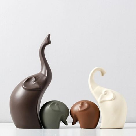 Lot de 4 Statues Éléphants en Céramique - Objet de Décoration Design pour Maison Salon Bureau - Figurine Familiale Moderne - Cadeau Anniversaire Mariage (1/5)