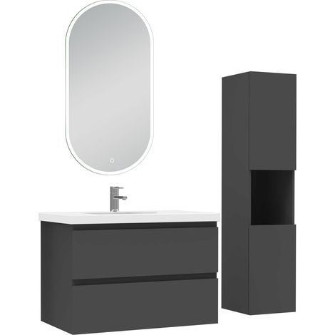 Acezanble ensemble meubles Salle de Bain 80cm vasque et colonne et miroir lumineux Anthracite