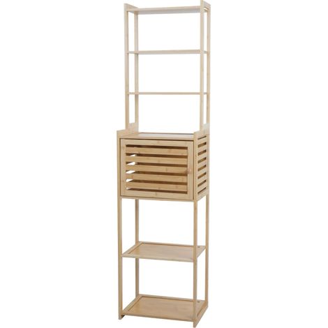 Étagère en bambou HWC-O74, armoire de salle de bain, porte avec compartiments de rangement 165 x 42 x 30 cm