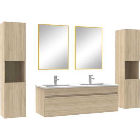 Ensemble meubles Salle de Bain 120cm double vasque avec colonne + miroir mural Chêne Wotan