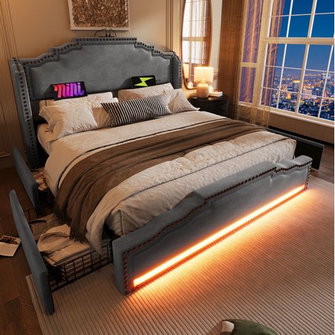 Lit 160x200 avec 4 tiroirs, LED, velours gris HAVRYA (1/5)
