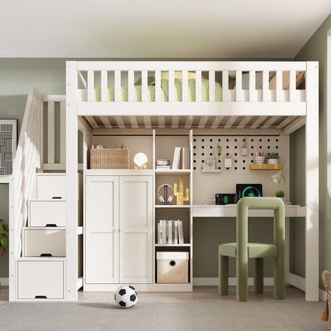 Lit mezzanine 90x200cm, lit enfant, blanc, avec bureau, armoire échelle et penderie, étagères, ports USB/USB-C, sommier à lattes, matelas non inclus