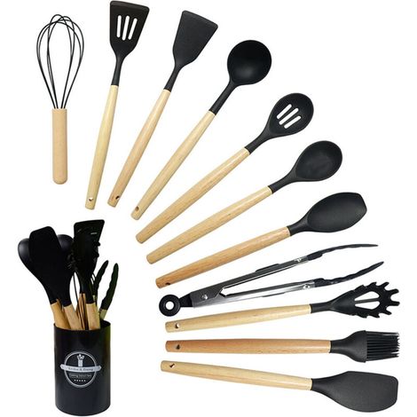 Ensemble de 12 ustensiles de cuisine en silicone, comprenant des cuillères de cuisson antiadhésives et des outils de pâtisserie.