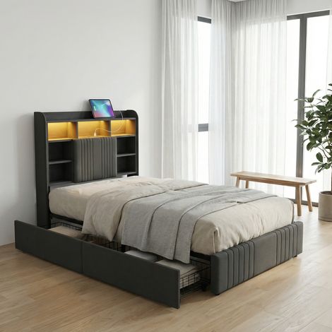 Letto con 2 cassetti 90x200, illuminazione LED e porta USB, testiera con contenitore, legno e lino, stile moderno, Grigio