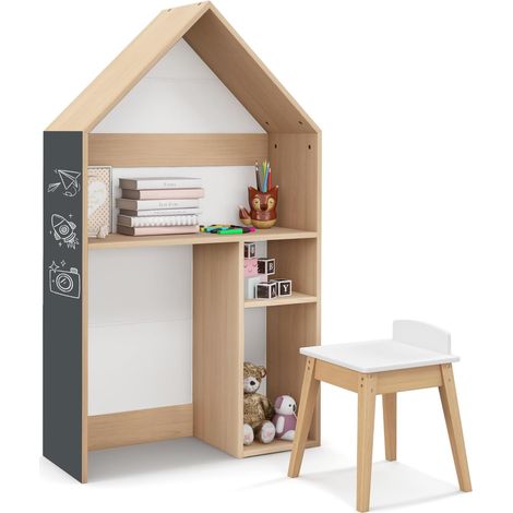 COSTWAY Schreibtisch Kinder in Hausform, Kinderschreibtisch mit Stuhl & Tafel & Ablagen, Kindertisch aus Holz, Schülerschreibtisch zum Zeichnen & Lesen, 73 x 30 x 130 cm (1/5)
