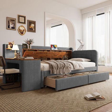 Méridienne convertible 90x200 cm - 2 tiroirs, rangement à charnière, bureau modulable, gris