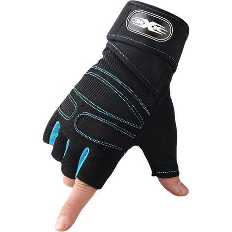 Gants d'entraînement homme avec protection poignet - Demi-doigts fitness bleu clair taille M (1/5)
