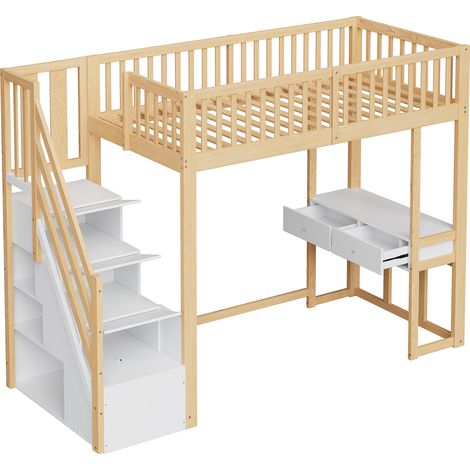 Hochbett 90 x 200 cm mit Multifunktionstisch und Stauraumtreppe aus weißem Kiefernholz (1/5)
