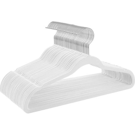 Packung mit 20 beflockten Kleiderbügeln für Erwachsene, 45 cm lang, schlank, große Kapazität, mit 360° drehbaren Haken, für Mäntel und Hemden, weiß und silber. (1/5)
