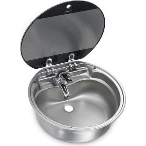 Evier DOMETIC cuve ronde en INOX avec couvercle en verre (1/2)