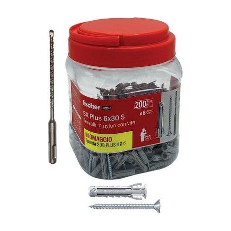 TASSELLO NYLON SX 6S PLUS VITE TSP PROPACK FISCHER - CF=PZ 200 + 1 PUNTA SDS PLUS MM 6- 1 confezioni