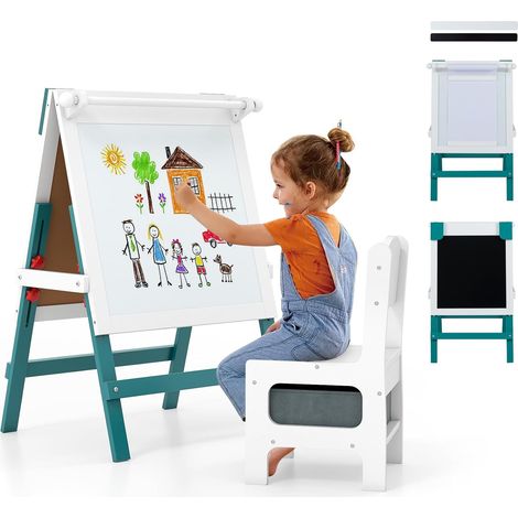 COSTWAY Tableau Enfant Double Face avec Chaise & Porte-Papier, Chevalet Enfant Réglable en Hauteur avec Tableau Noir & Blanc, Barres Magnétiques, Bac en Tissu pour 3+ Ans (1/5)