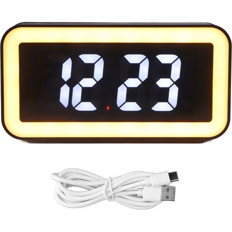 LED-Digitalwecker mit großem rechteckigem Display, kabelloser Ladefunktion und umgekehrtem USB-Anschluss für das Schlafzimmer, Farbe: Schwarz (1/5)