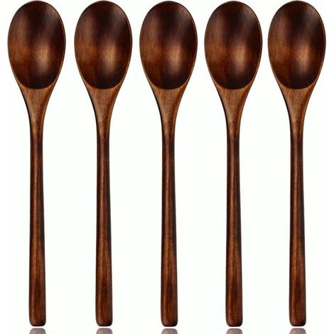 Cucchiai di legno, 5 cucchiai di legno a manico lungo, cucchiaini da tè, cucchiai da insalata, cucchiai da minestra, posate per la casa per mangiare, mescolare, cuocere e cucinare. (1/5)