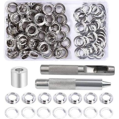 Eyelet set, 100 eyelets with a 12 mm diameter, tarpaulin repair kit, with 3 eyelet tools, eyelet set for tarpaulins, fabrics, curtains and manufacturing. (1/5)