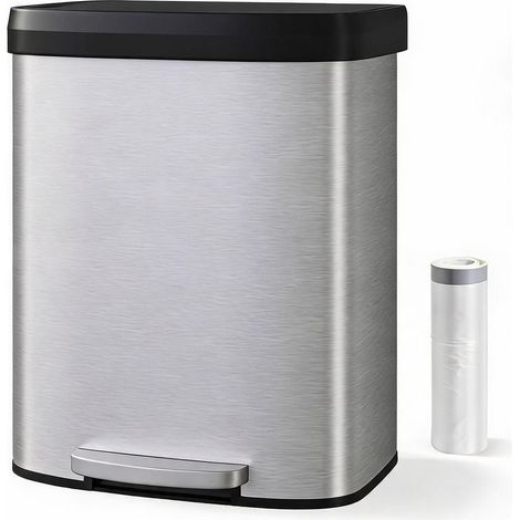 Grand capacité 60L – Poubelle de cuisine à pédale – Acier inoxydable – Fermeture douce, anti-odeurs, anti-empreintes, poignée arrière, porte-sac – Idéale maison/bureau (1/5)