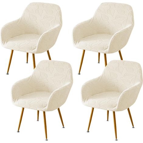 Housses de chaise avec accoudoirs extensibles, lot de 4, beige, motif feuilles, lavables (1/5)