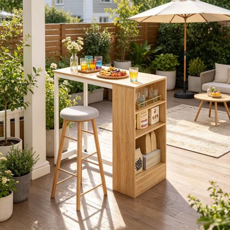 Table bar de cuisine fixe mange debout - 91x49x91 cm - Comptoir bistrot scandinave avec porte-bouteilles - Blanc et chêne clair (1/5)