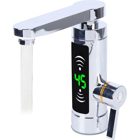 Grifo eléctrico con calentador de agua instantáneo, 3000 W, con indicador LED de temperatura, giro de 360°, para cocina y baño, enchufe europeo, acero inoxidable plateado. (1/5)