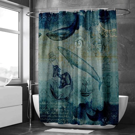 Rideau de douche motif dauphins et poissons tropicaux, polyester imperméable, 180x180 cm (1/5)