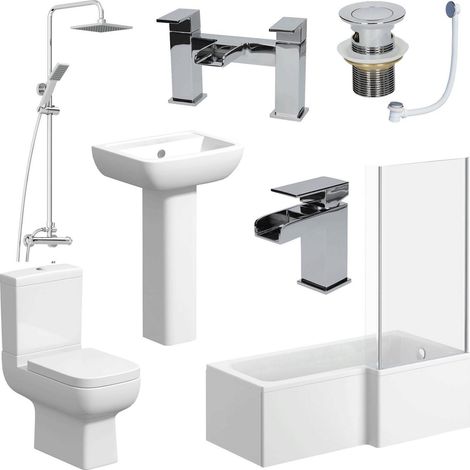 L Shaped Bathroom Suite RH Bath Screen Shower Toilet Basin Tap (1/5)