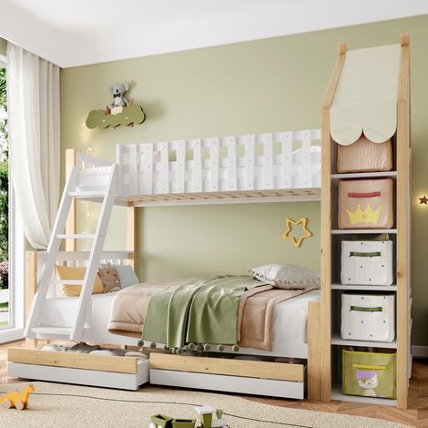 Letto a castello in pino e MDF bianco/naturale 90x200 + 140x200 cm con 2 cassetti e ripiani (1/5)