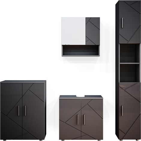 Badmöbel-Set Irma, Anthrazit Hochglanz, 4 Teile, mit Hochschrank und Kommode, Vicco