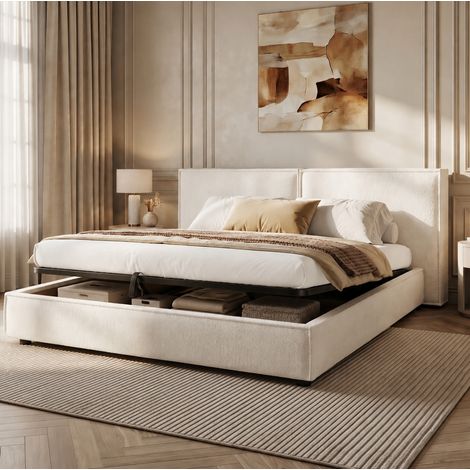 Letto matrimoniale 180 x 200 cm con contenitore idraulico, bouclé bianco e rete a doghe (1/5)