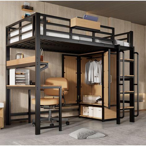 Letto a castello con armadio a doppia anta, scrivania e scaffale, 204x95x168.5 cm, ferro e MDF, nero naturale (1/5)