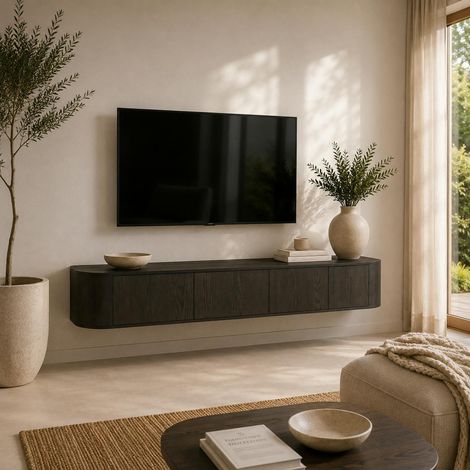 Long meuble TV suspendu en chêne brun 4 portes LOREN (1/5)