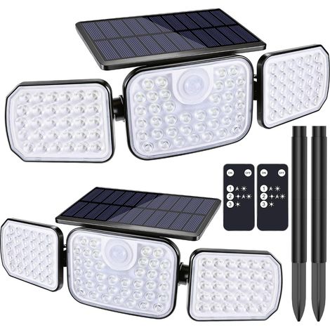Lampe Solaire Exterieur, [Lot de 2] Lumière Solaire Extérieure avec Détecteur de Mouvement IP65 Étanche 3 Modes LED Lampes Solaires Projecteur 3 Têtes Éclairage Mural pour Outdoor Jardin Garage Cour (1/5)
