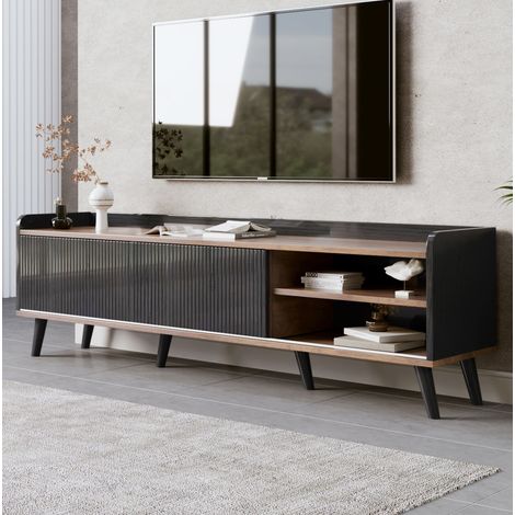 Meuble TV 160x40x58 cm noir en panneau de particules avec portes coulissantes rainurées et 2 tiroirs (1/5)