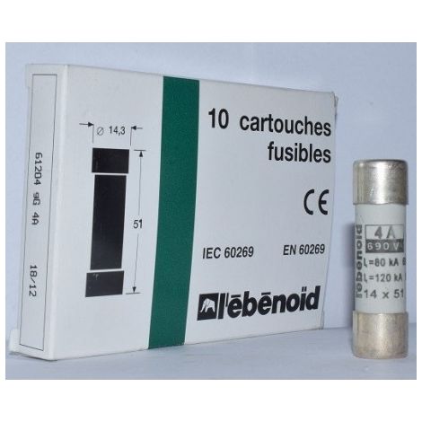 Fusible 4A cartouche 14X51mm gG usage industriel (boite de 10) HPC 120kA 500V sans voyant EBENOID 061204 (1/2)