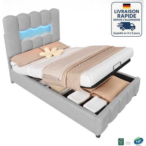 MODFU - Cama infantil con canapé 90×200cm, con LED, tapizada, cabecero regulable en altura, sin colchón, terciopelo, gris (1/5)