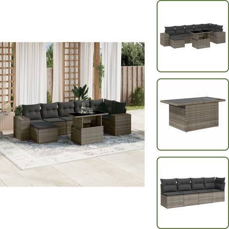 The Living Store 8-tlg. Garten-Sofagarnitur mit Kissen Grau Poly Rattan - Gartenmöbel Set - PE-Rattan Möbel - Outdoor Lounge - Gartenecke - Terrassenmöbel (1/5)
