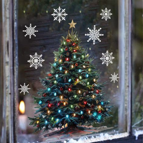 Sticker Mur - Décoration Noël Arbre De Noël Flocon De Neige - Pour Fenêtre Intérieur Extérieur - Double Face - 1 Pièce (1/5)